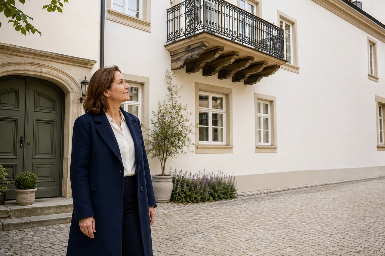 Symbolische Darstellung einer erfahrenen Fachärztin vor einem bayerischen Stadthaus.